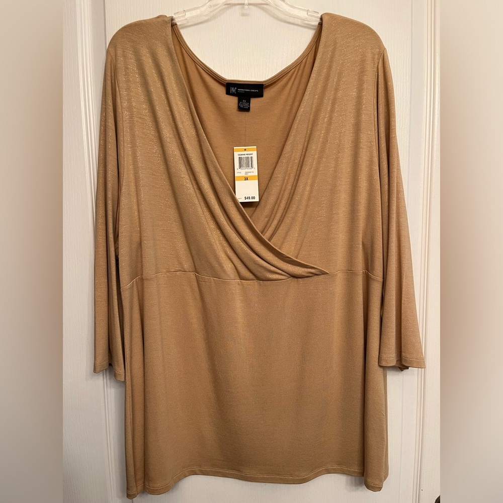 INC International Concepts Metallic Tan Draped V-Neck Top